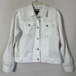 Jones & Co  jacket women M 100% Linen White Button Front cropped resort cruise